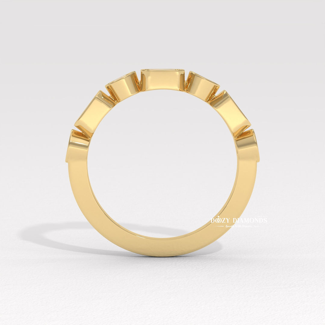 Bezel Set diamond band stacked with engagement ring
