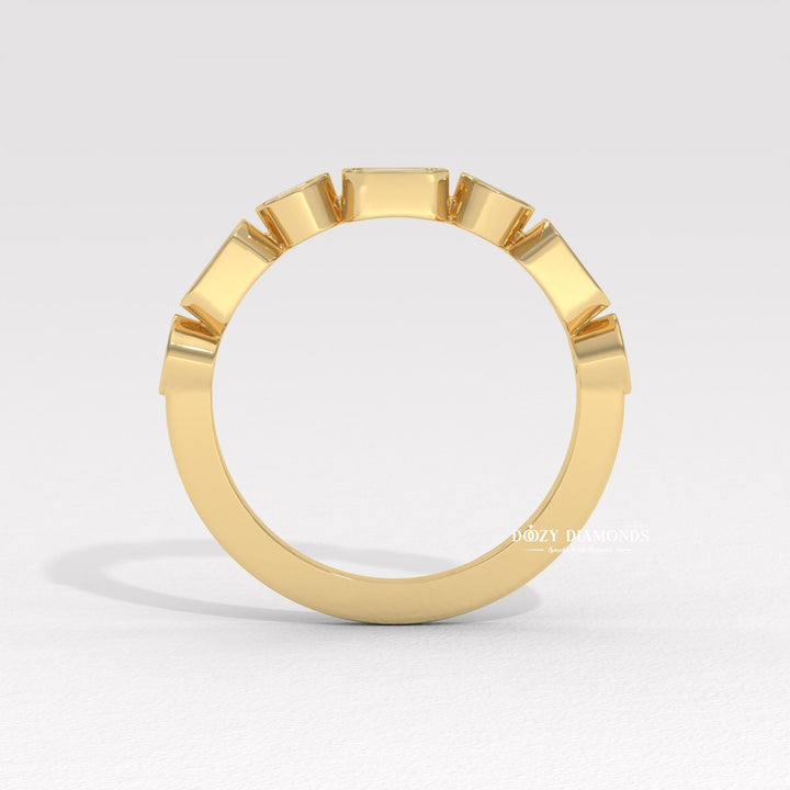 Bezel Set diamond band stacked with engagement ring