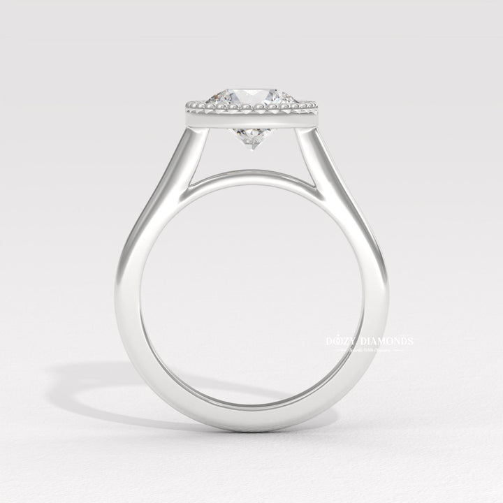 Round bezel engagement ring shown on hand for true-to-life sizing