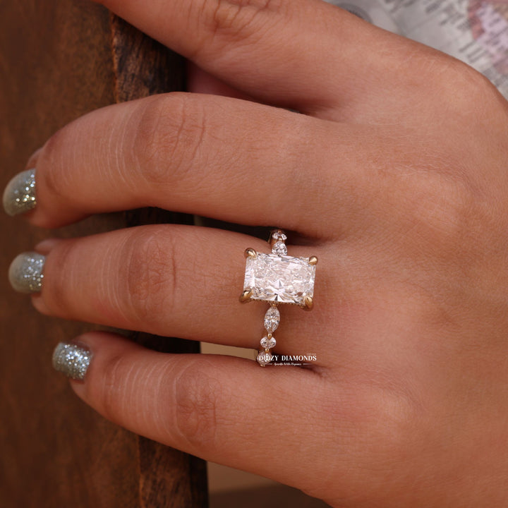 Side angle of radiant hidden halo diamond engagement ring