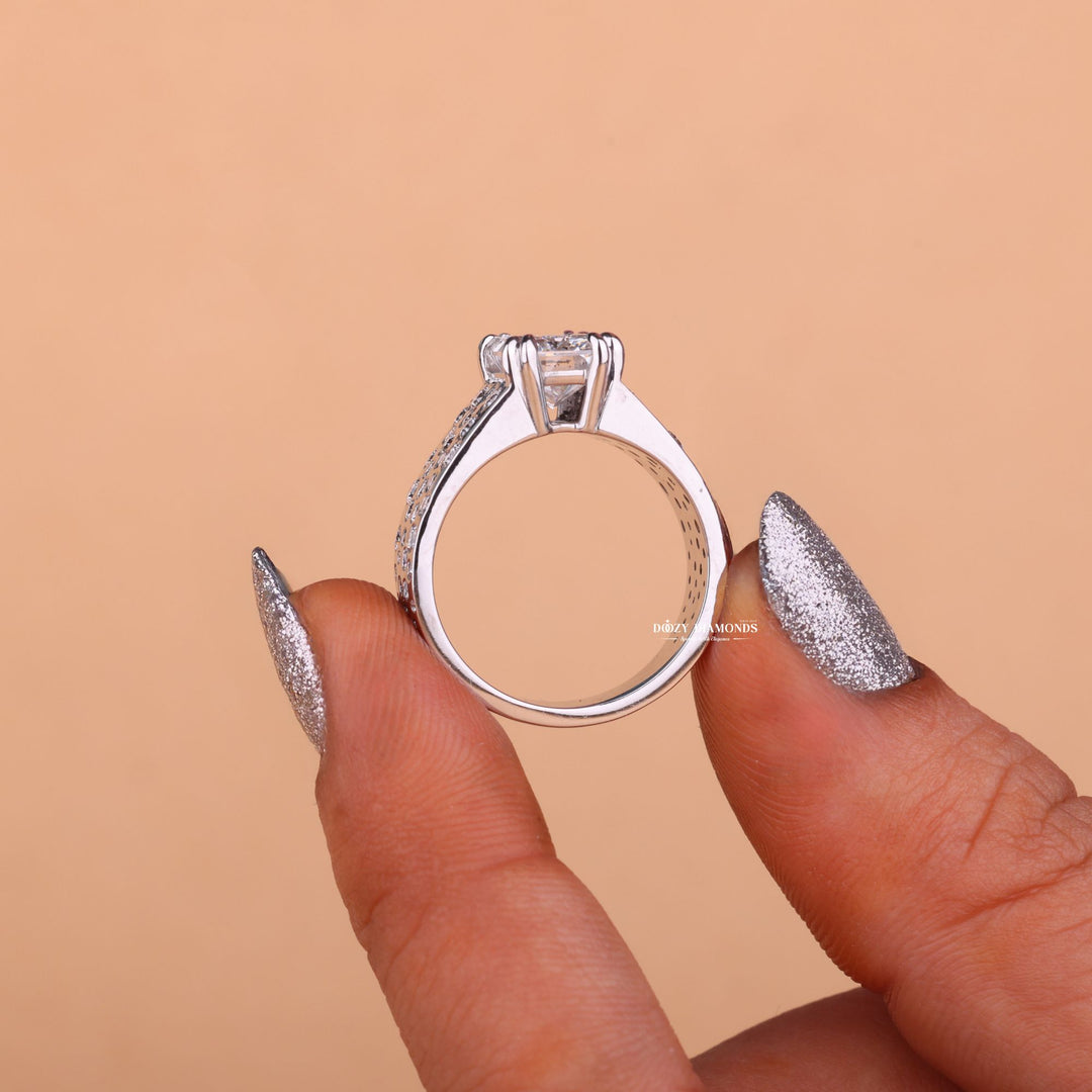 Top-down view of radiant cut solitaire engagement ring