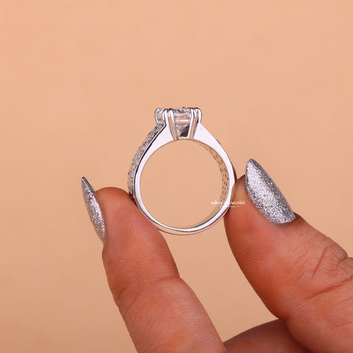 Top-down view of radiant cut solitaire engagement ring