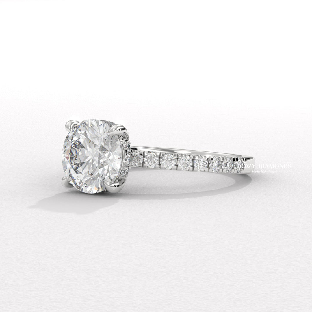 Round hidden halo lab grown diamond ring side profile in gold setting