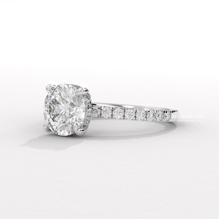 Round hidden halo lab grown diamond ring side profile in gold setting