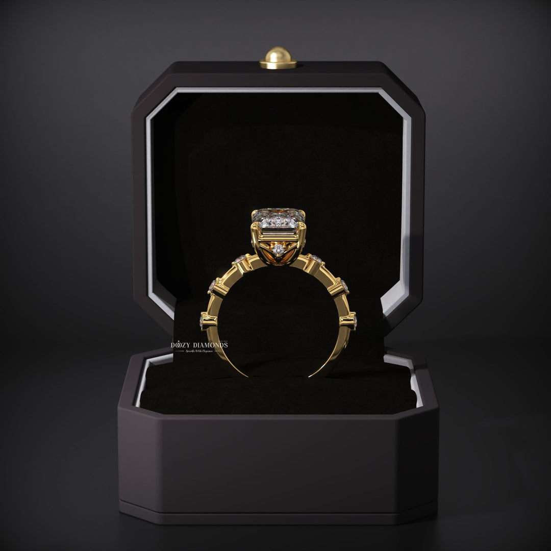 Emerald pave lab grown diamond ring side profile in gold setting