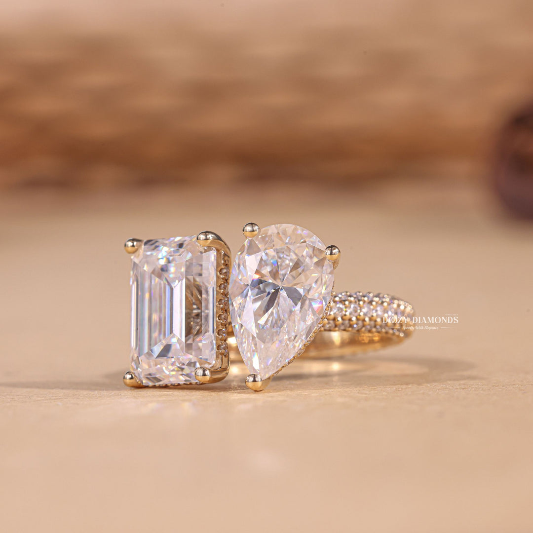 Pear pave engagement ring photographed in natural light