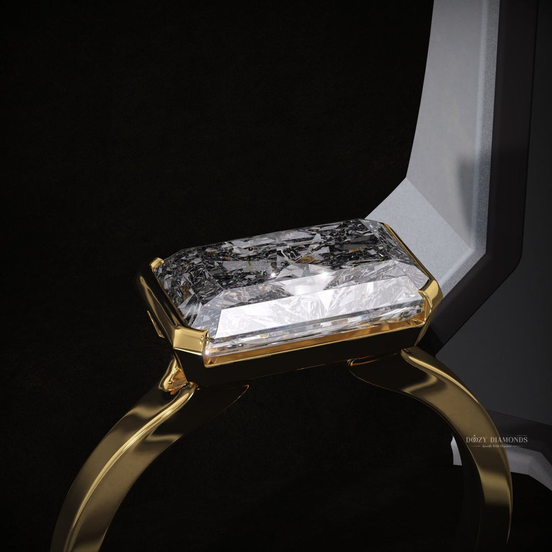Profile view of radiant cut east west engagement ring band