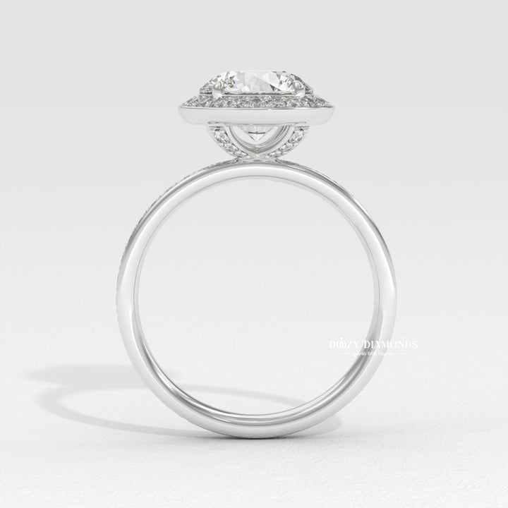 Round halo engagement ring close-up highlighting diamond sparkle