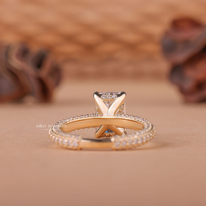 Detailed close-up of radiant pave diamond engagement ring