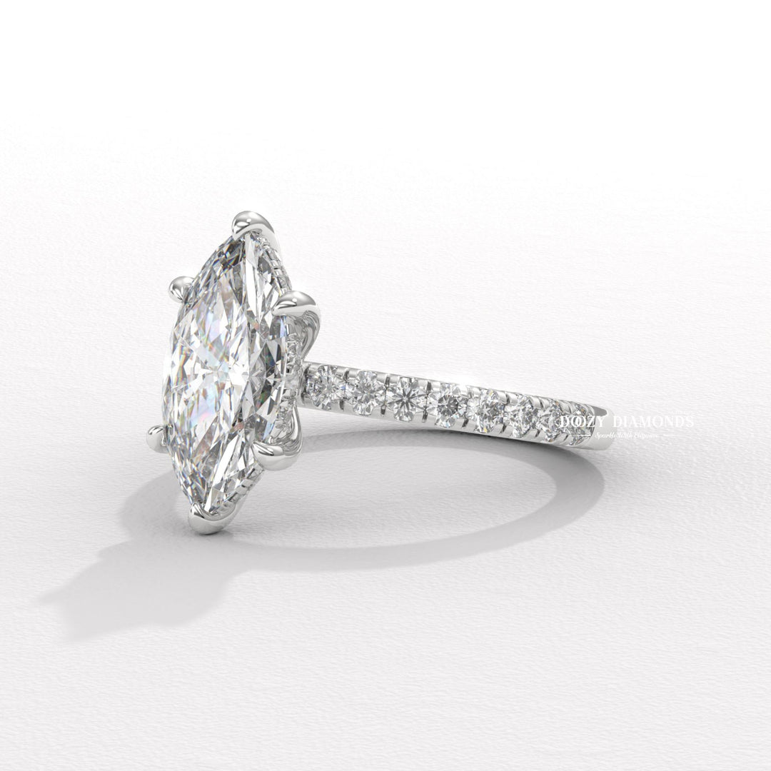 Marquise pave engagement ring close-up showing high clarity diamond clarity