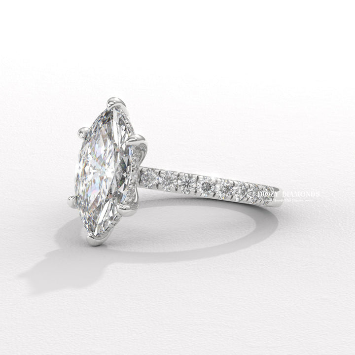 Marquise pave engagement ring close-up showing high clarity diamond clarity