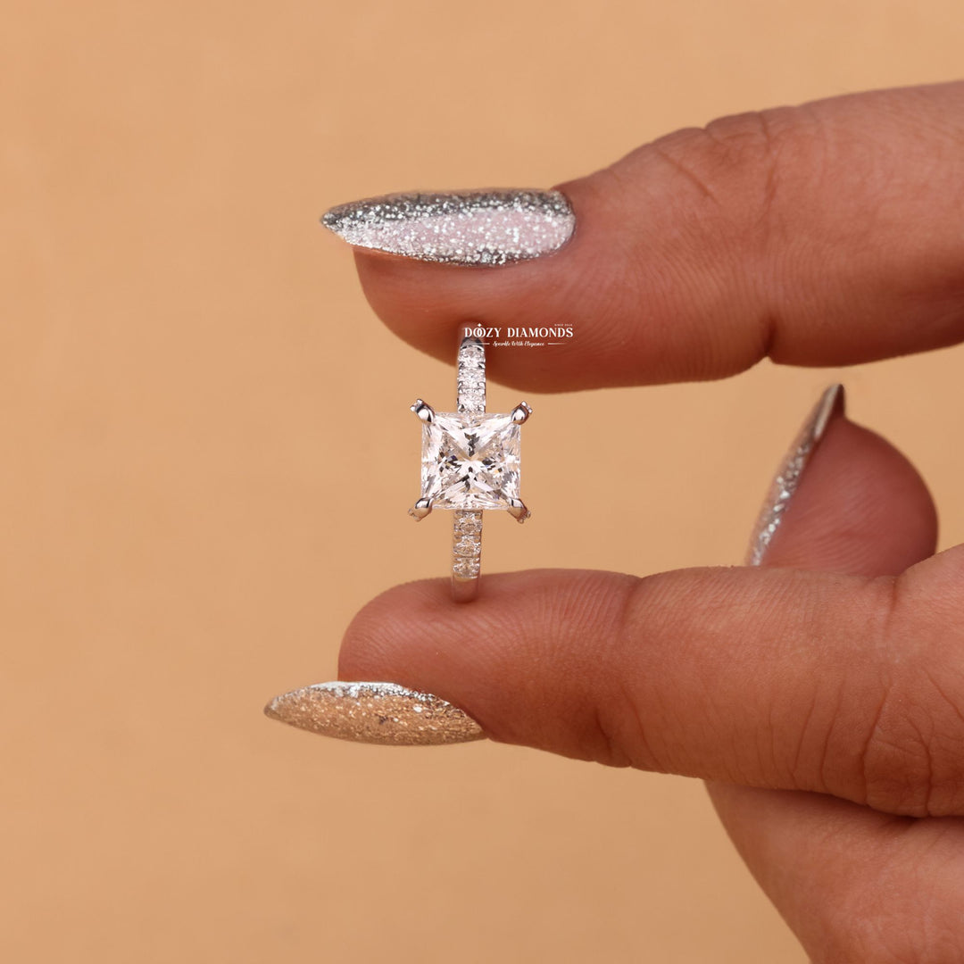 Princess hidden halo engagement ring with IGI certificate and packaging