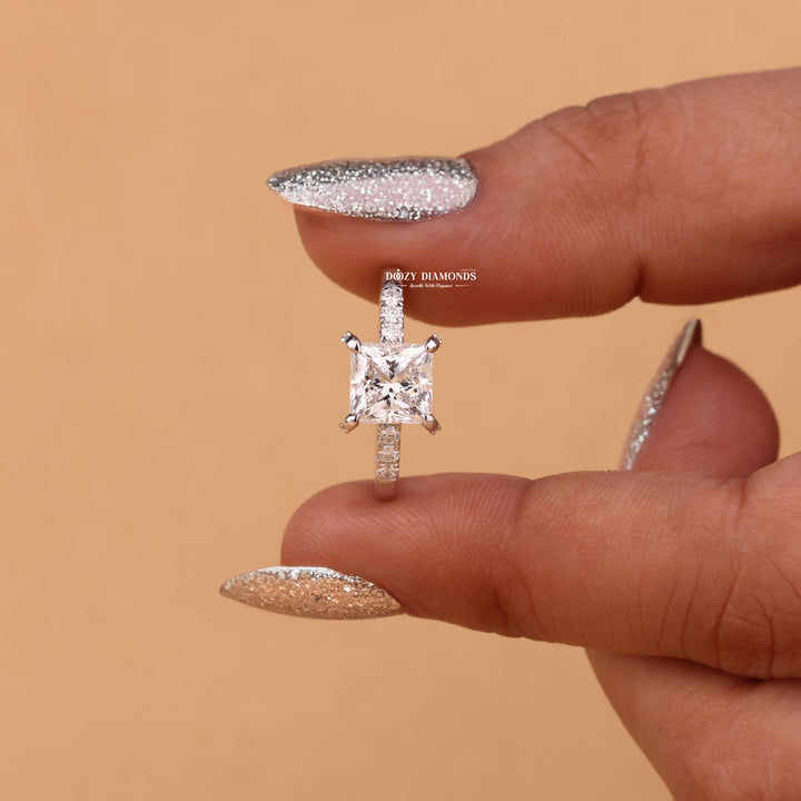 Princess hidden halo engagement ring with IGI certificate and packaging