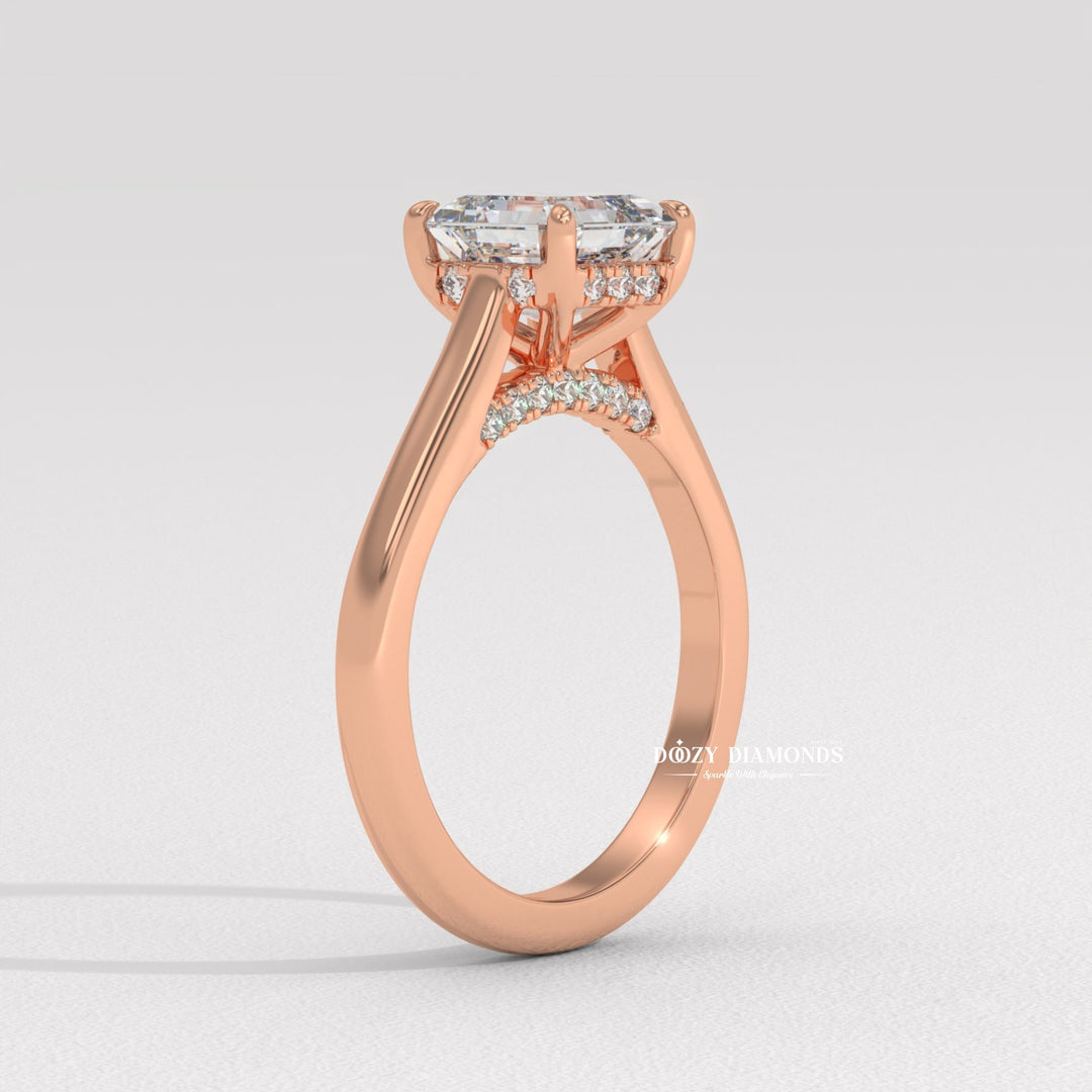 Handcrafted asscher cut hidden halo lab grown diamond engagement ring