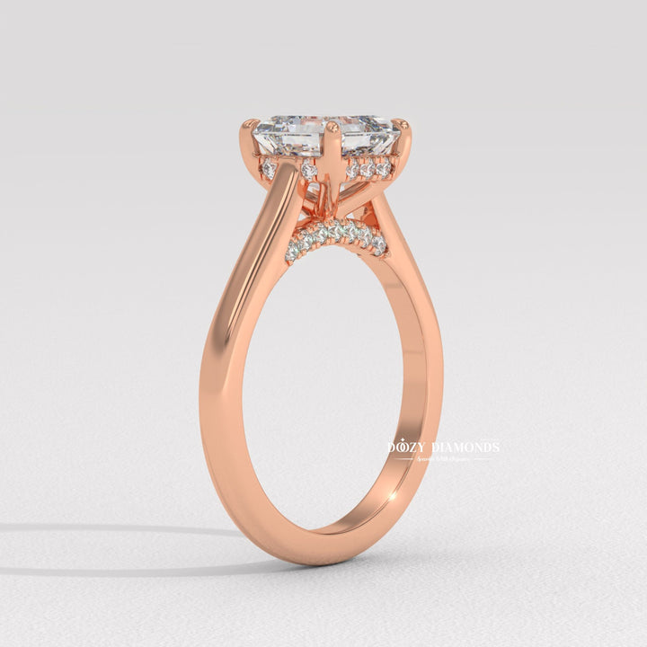 Handcrafted asscher cut hidden halo lab grown diamond engagement ring