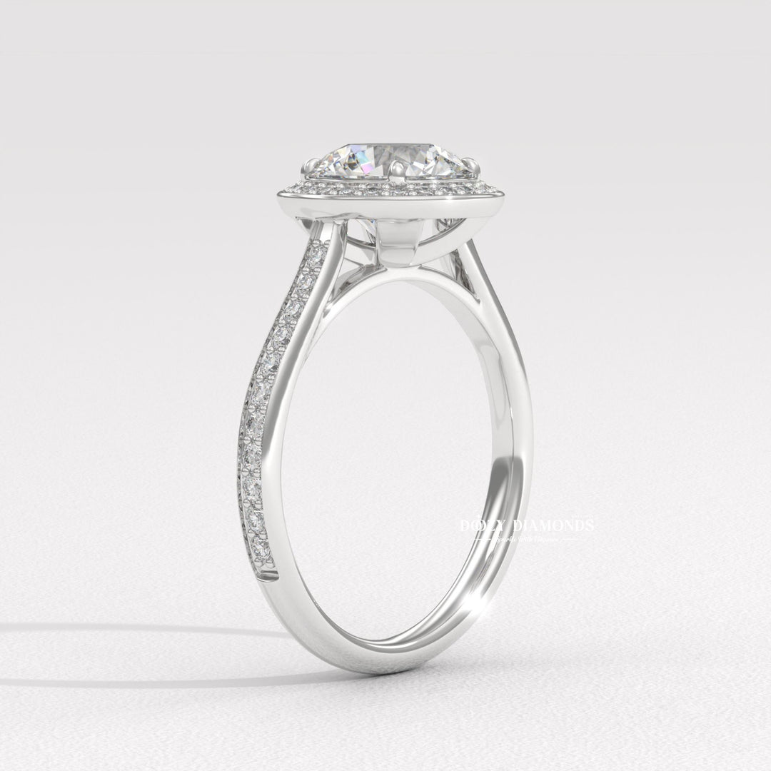 Round pave lab grown diamond ring in jewelry gift box