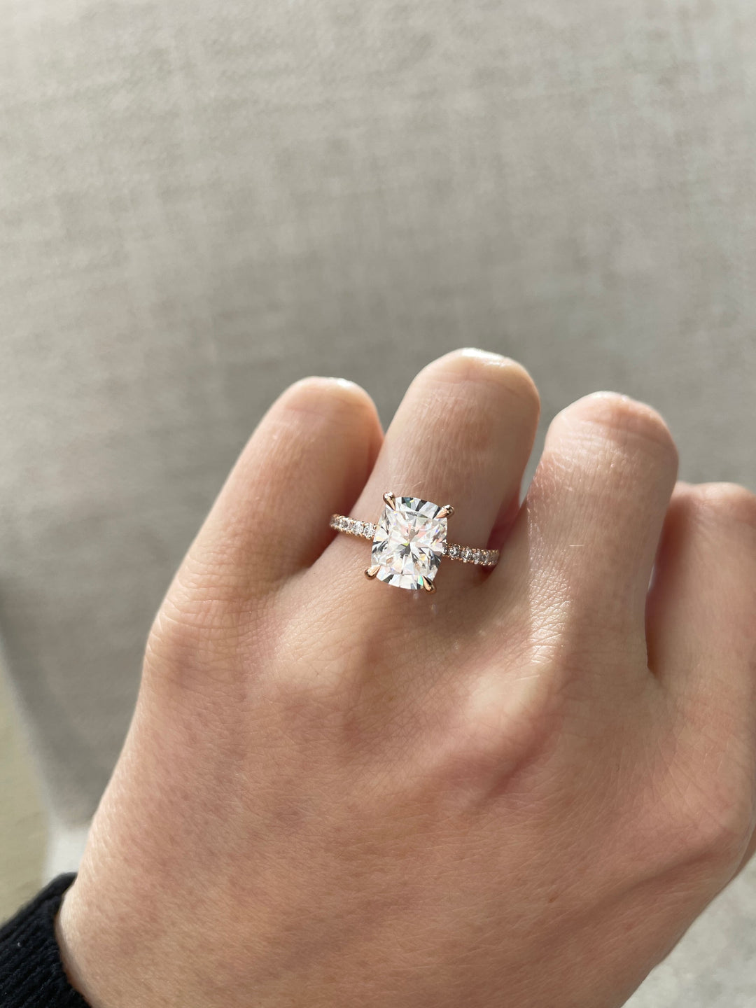 pave engagement ring, lab grown diamond engagement ring, cushion cut diamond ring, elongated cushion lab diamond, ethical diamond engagement ring, sustainable engagement ring, l