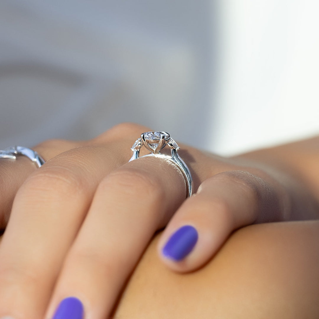 Oval three stone engagement ring with certified lab grown diamond