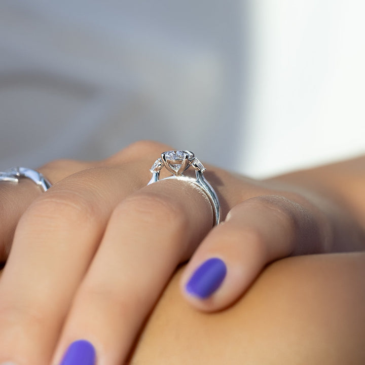 Oval three stone engagement ring with certified lab grown diamond