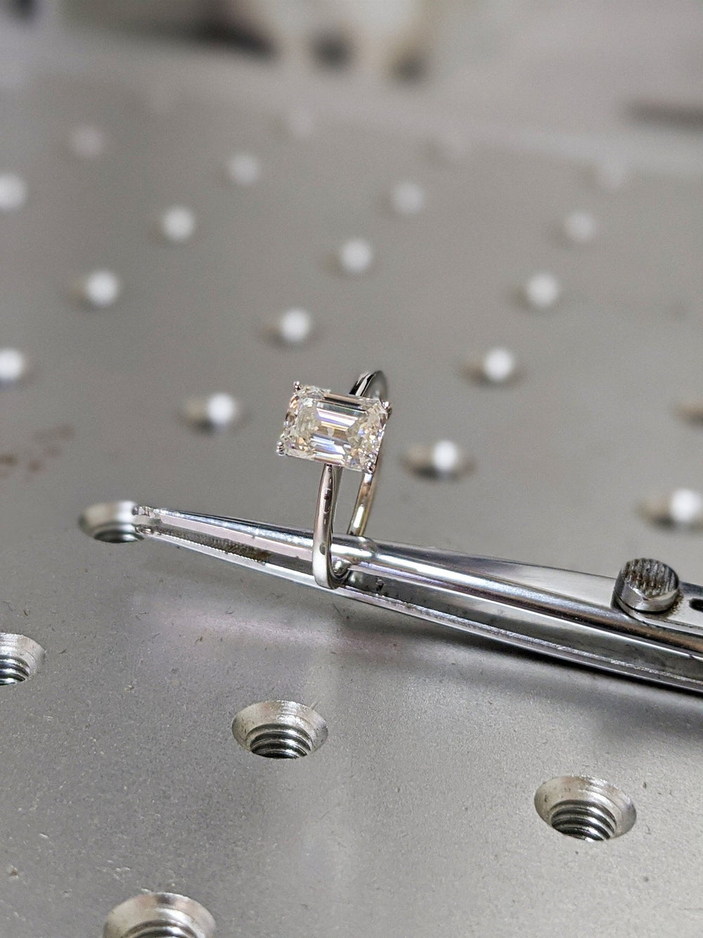 Handcrafted emerald cut solitaire lab grown diamond engagement ring