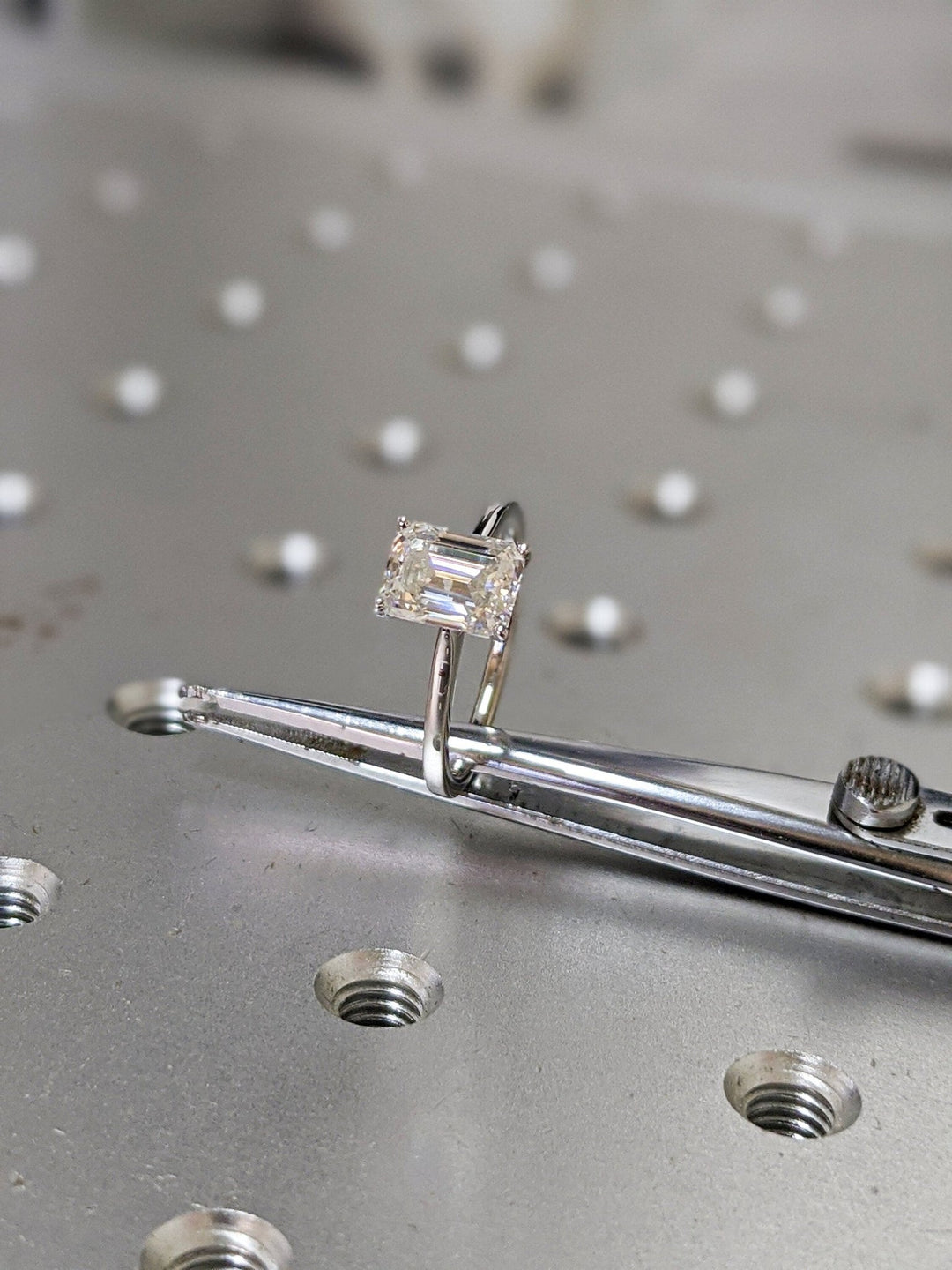 Handcrafted emerald cut solitaire lab grown diamond engagement ring
