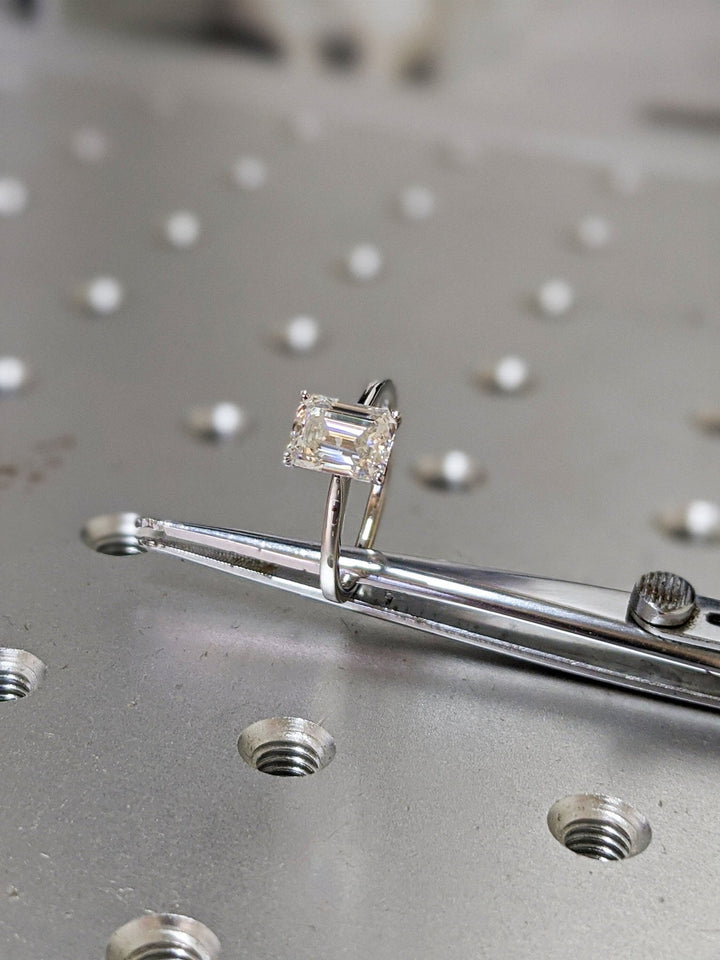 Handcrafted emerald cut solitaire lab grown diamond engagement ring