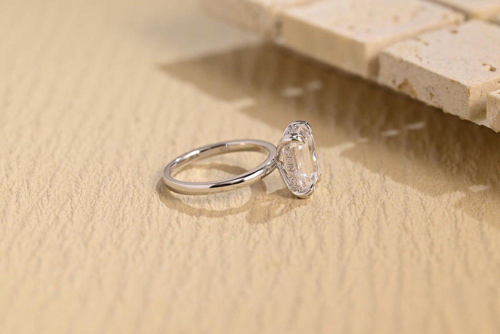Buy emerald cut hidden halo diamond engagement ring with free shipping