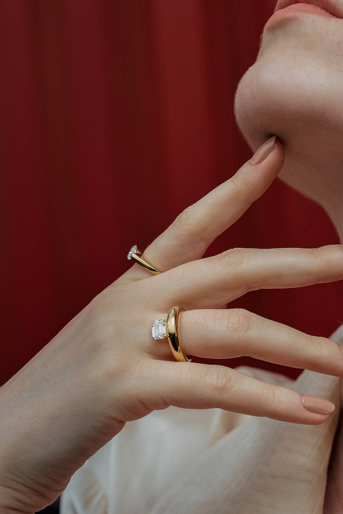 Emerald dome lab grown diamond ring fitted on finger