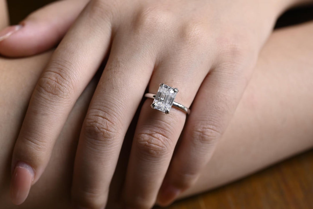 Emerald hidden halo lab grown diamond ring in jewelry gift box