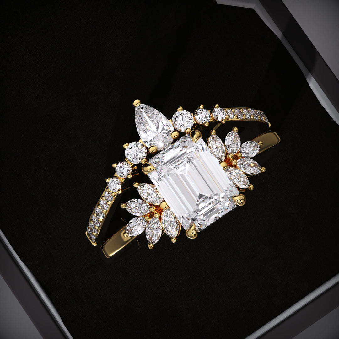 2.0CT Emerald Cut E/VVS2 Lab Grown Cluster Engagement Ring Set