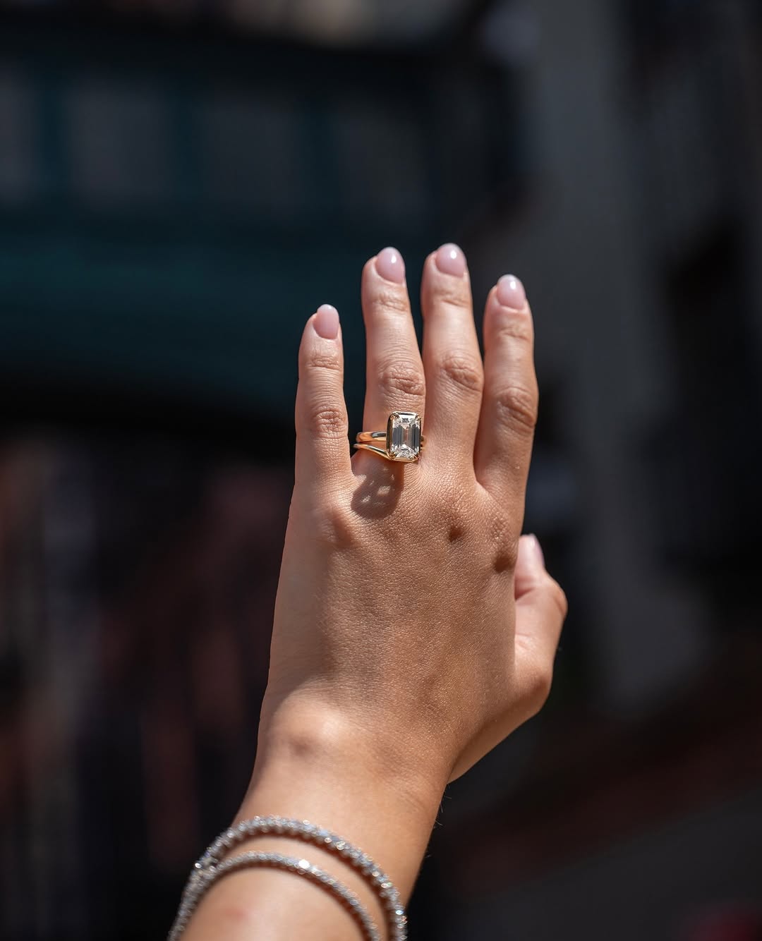 Handcrafted emerald cut bezel lab grown diamond engagement ring
