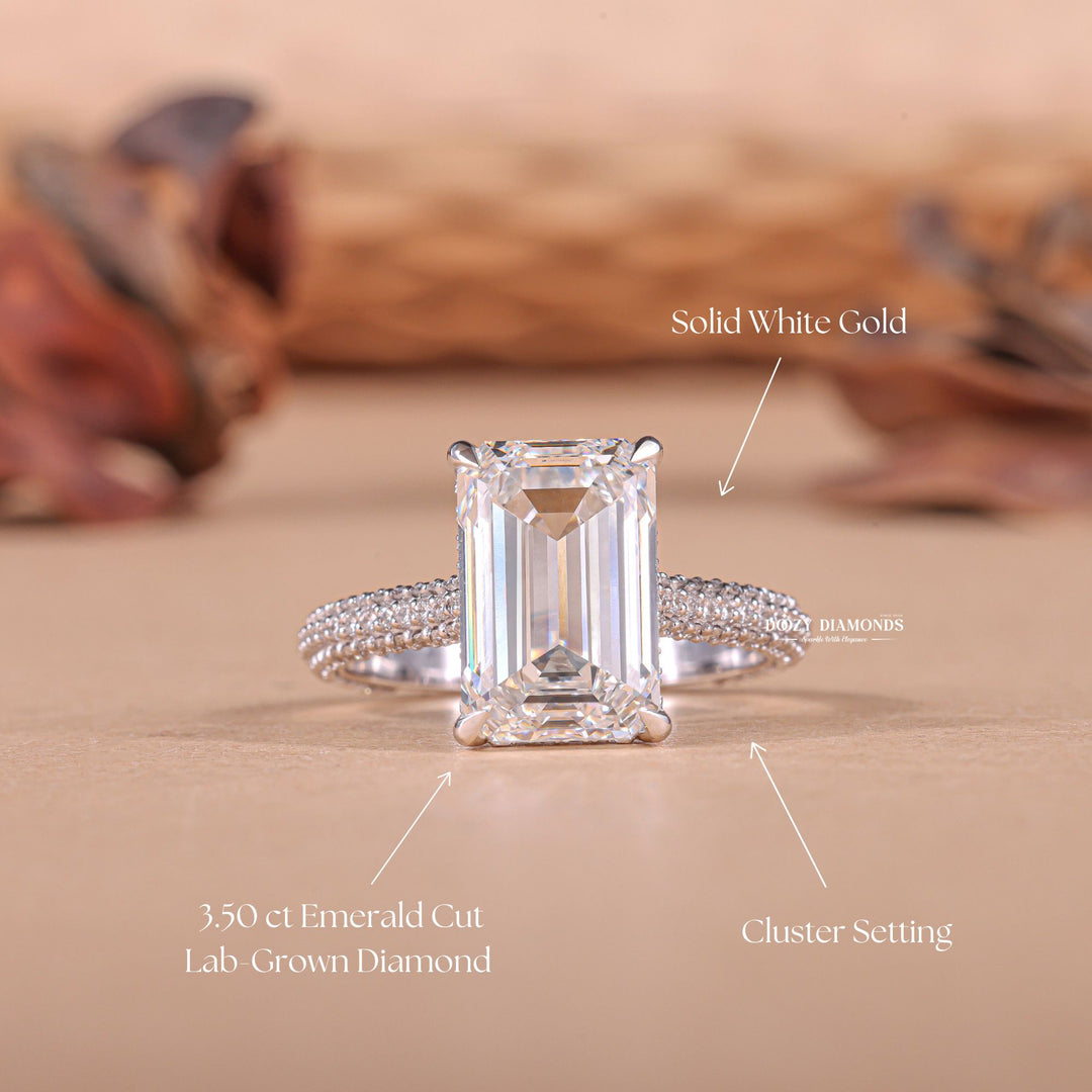 Macro shot of emerald cut diamond facets in hidden halo ring setting