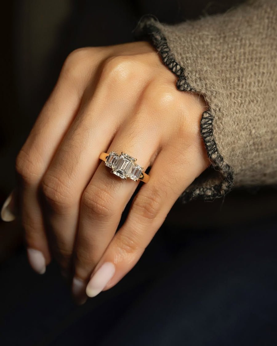 3.0CT emerald three stone lab grown diamond engagement ring for sale