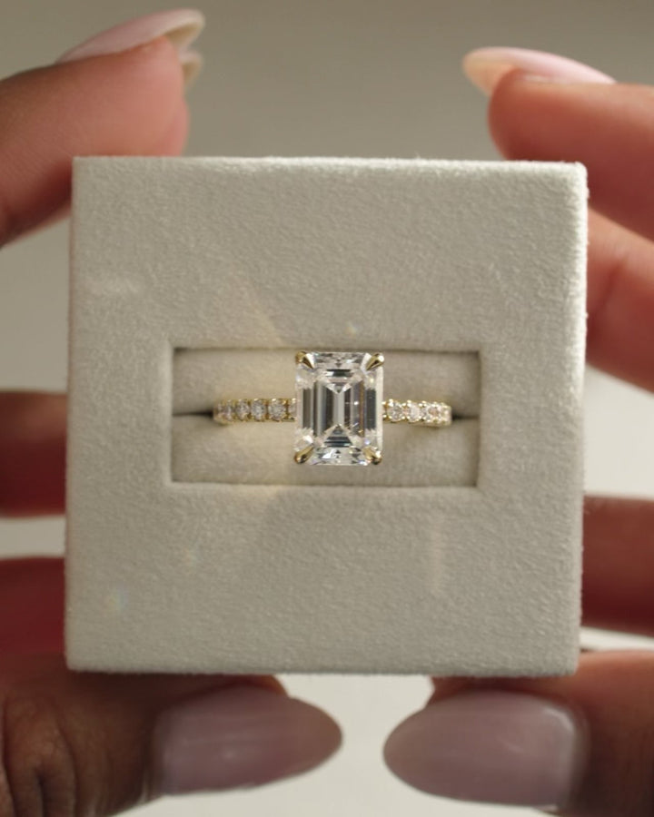 4.50CT emerald cut hidden halo engagement ring available to buy now