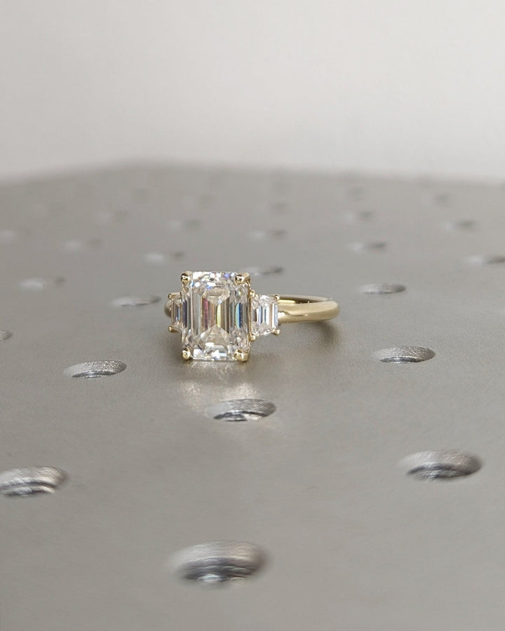 Emerald three stone lab grown diamond ring in jewelry gift box