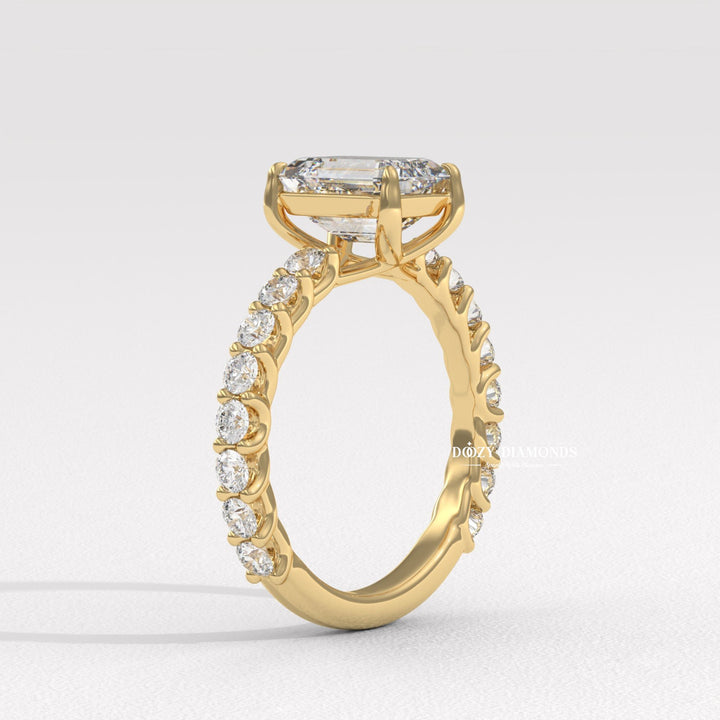 Emerald pave lab grown diamond ring side profile in gold setting