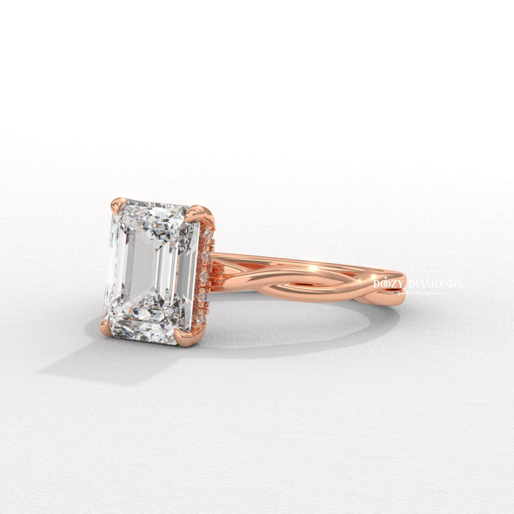 Handcrafted emerald cut solitaire lab grown diamond engagement ring