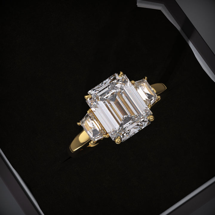 Shop emerald three stone lab grown diamond engagement ring