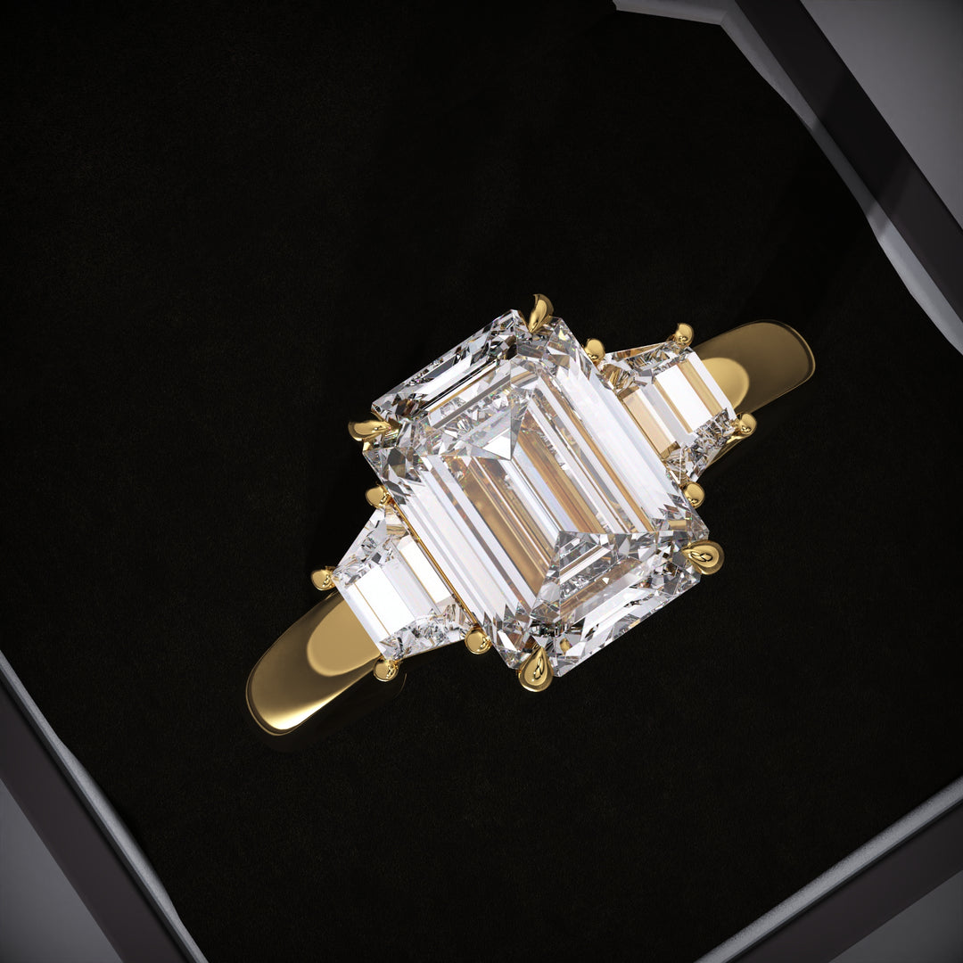 Emerald three stone lab grown diamond engagement ring for sale