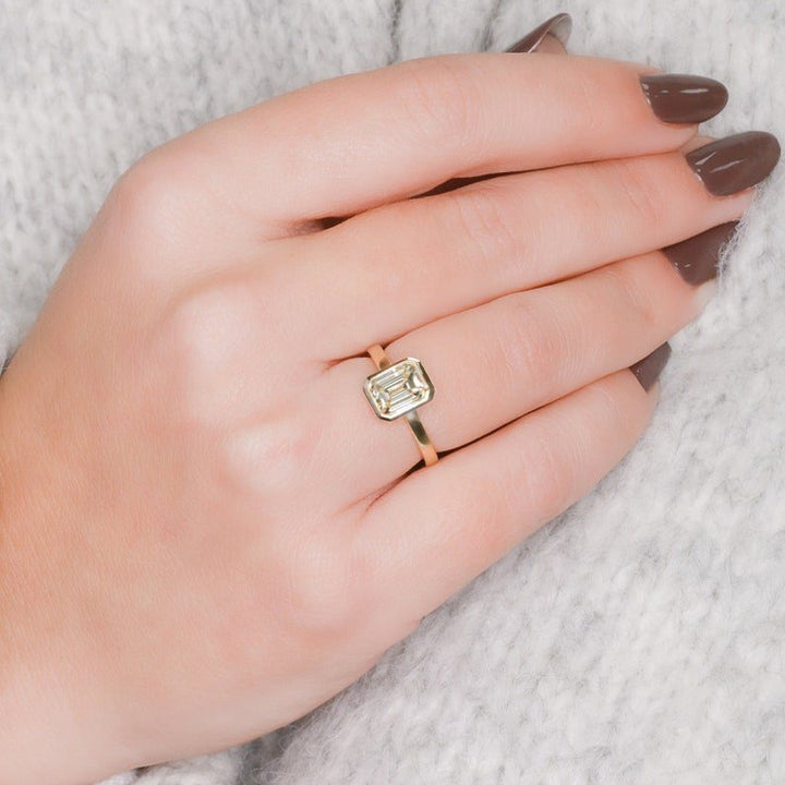 Emerald bezel lab grown diamond ring in jewelry gift box