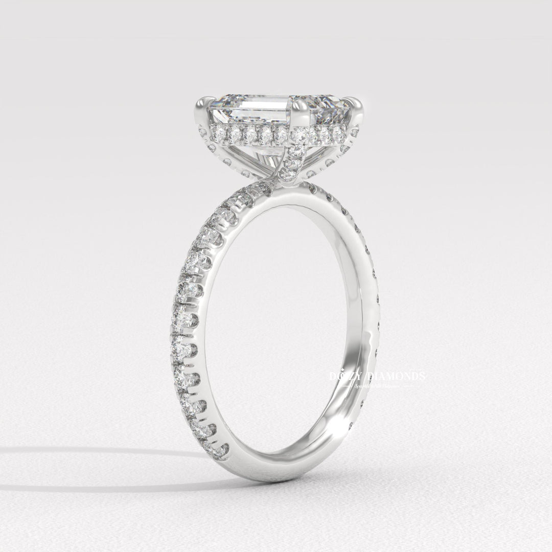 Emerald hidden halo lab grown diamond ring in jewelry gift box