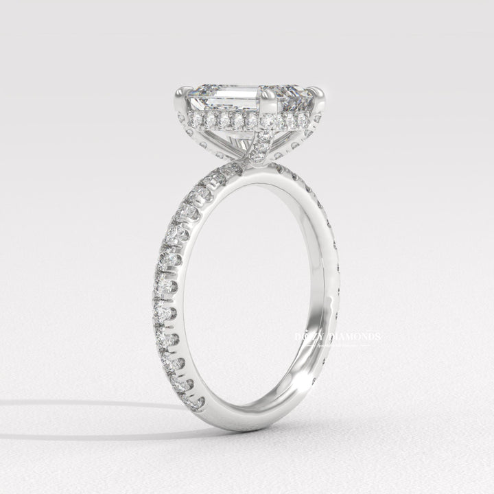 Emerald hidden halo lab grown diamond ring in jewelry gift box