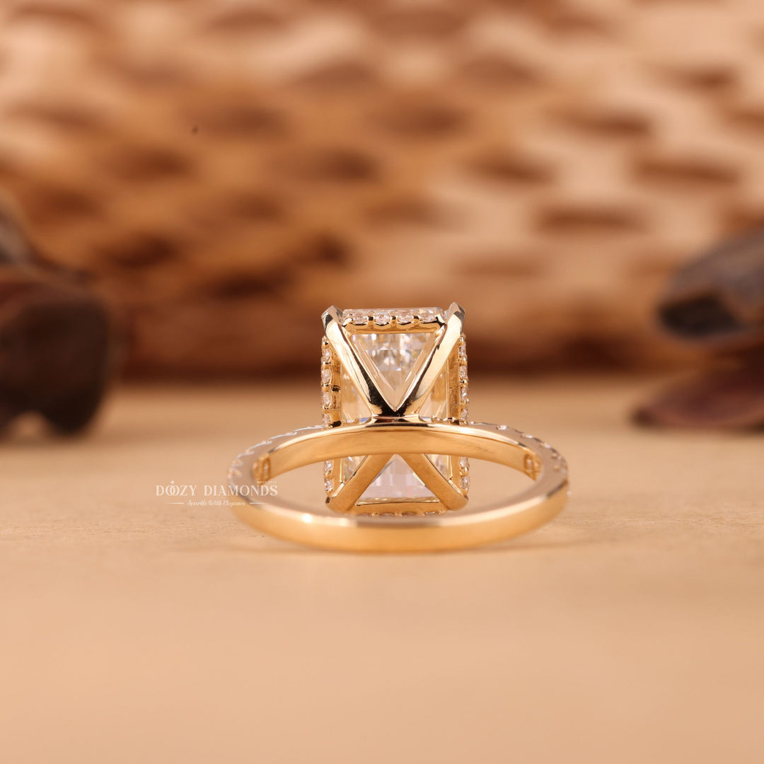 Emerald hidden halo lab grown diamond ring in jewelry gift box