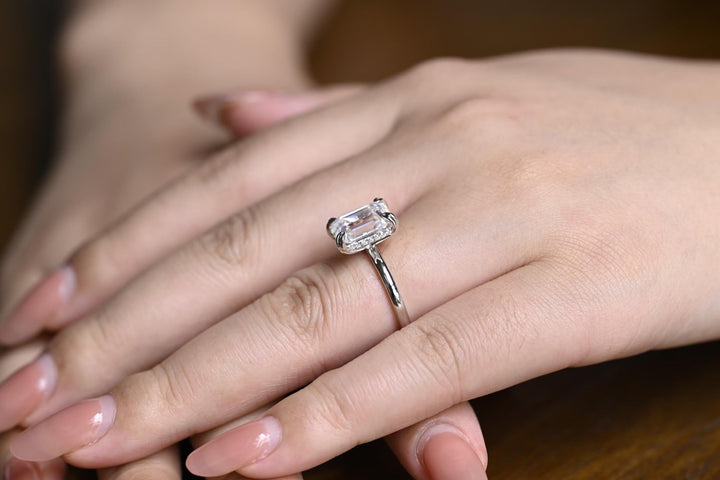 Emerald hidden halo engagement ring with IGI certificate and packaging