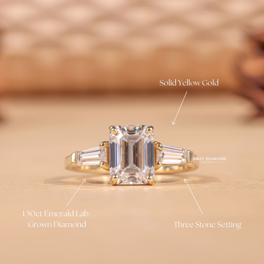 Macro shot of emerald cut diamond facets in three stone ring setting