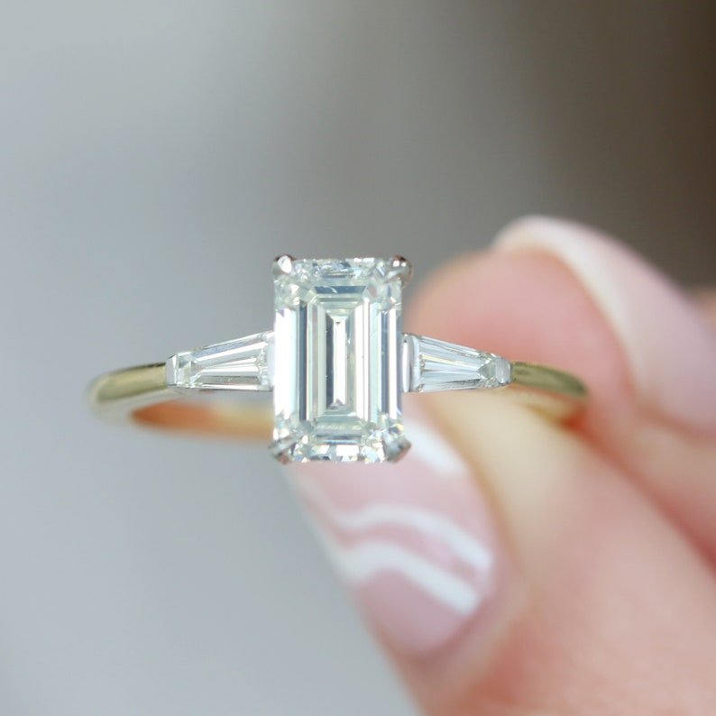 Buy 1.70CT emerald three stone lab grown diamond engagement ring online