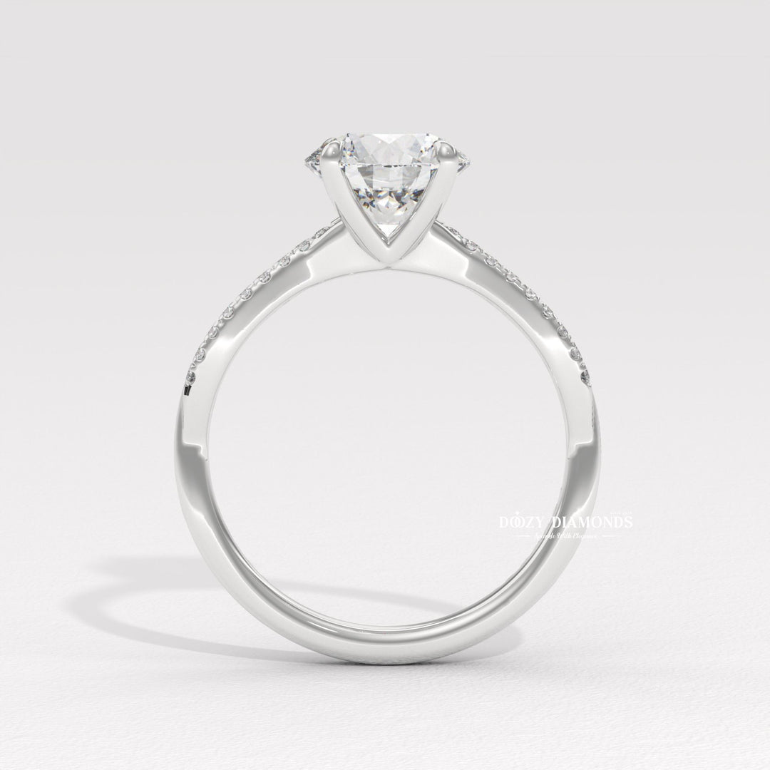 Certified round cut diamond featured in solitaire engagement ring