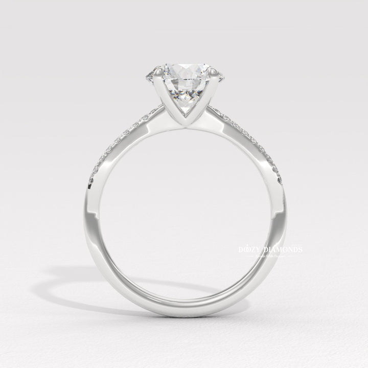 Certified round cut diamond featured in solitaire engagement ring