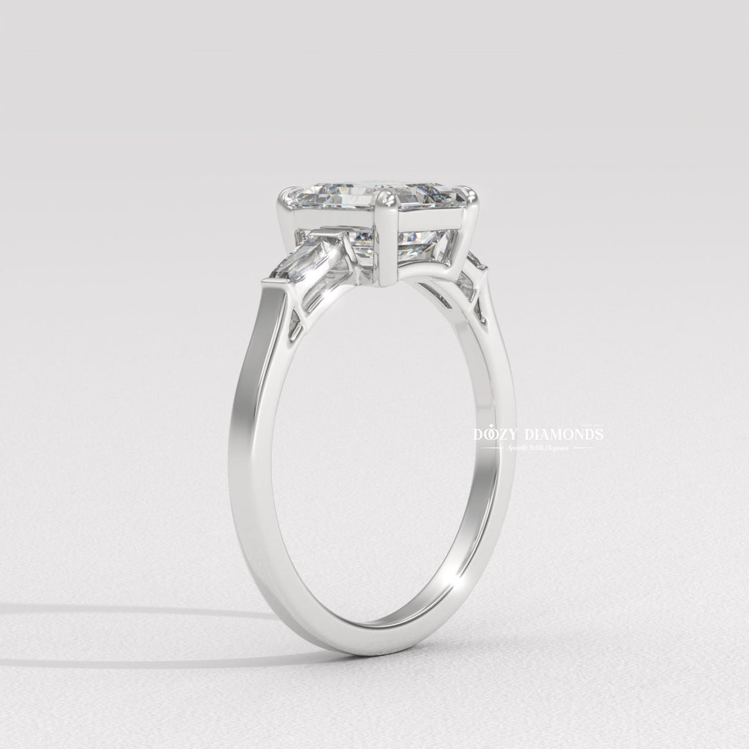 Side angle of asscher three stone diamond engagement ring