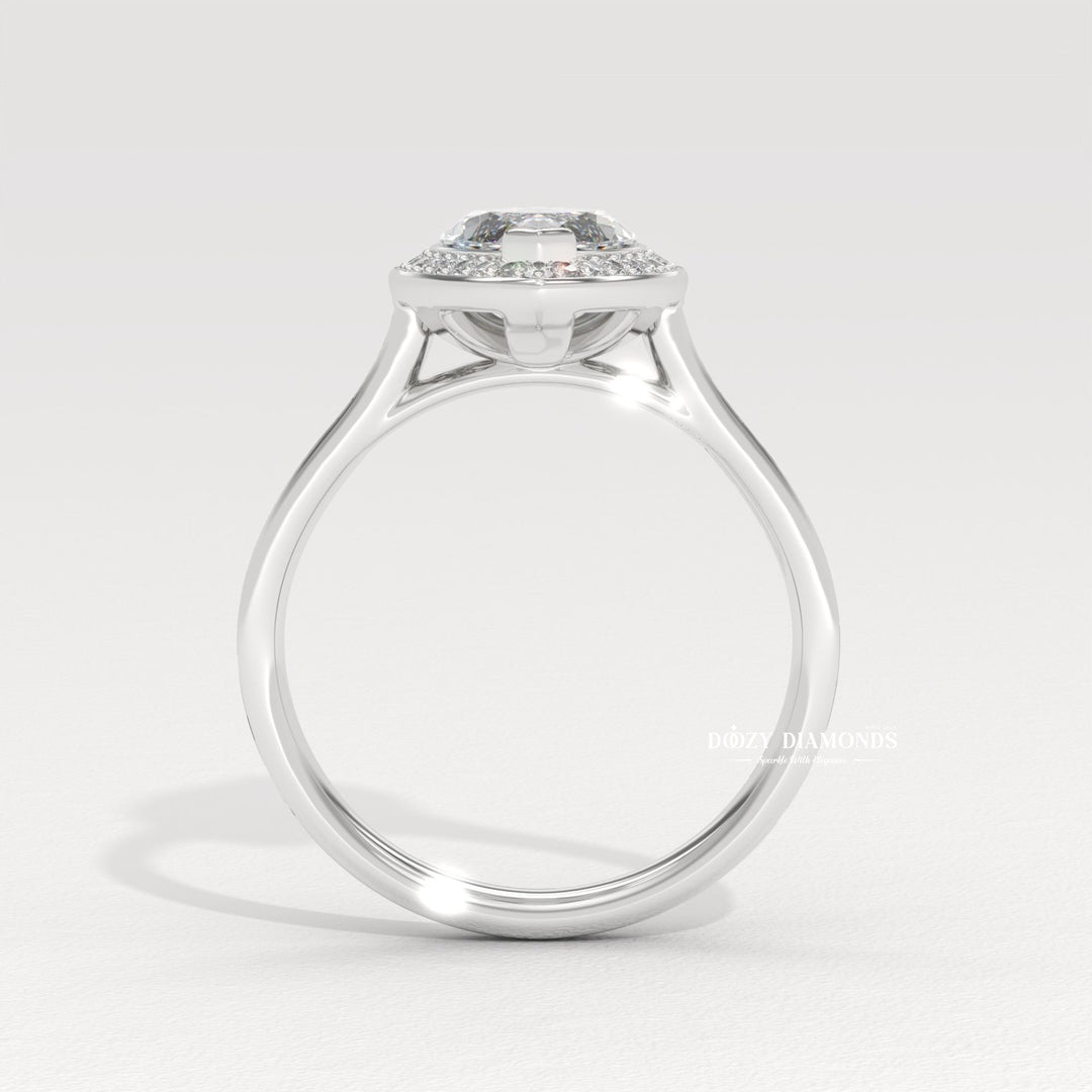Top-down view of marquise cut halo engagement ring